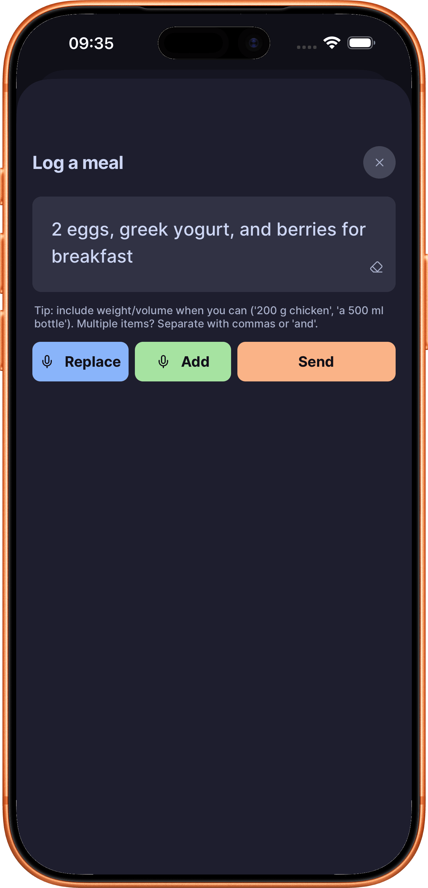 DailyGoal AI edit sheet with a drafted food entry ready for review before submission.
