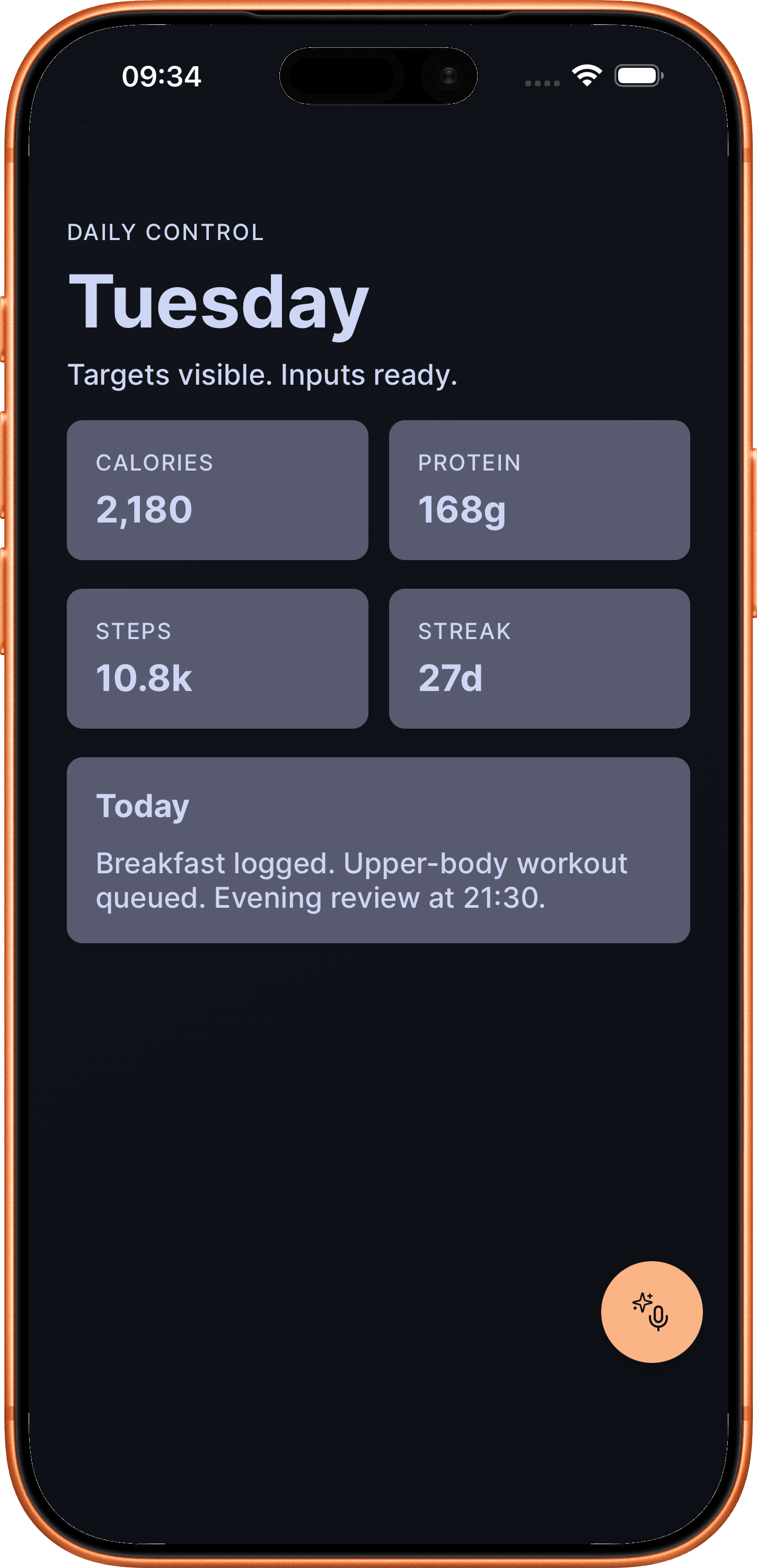 DailyGoal AI floating action button over a daily control dashboard.