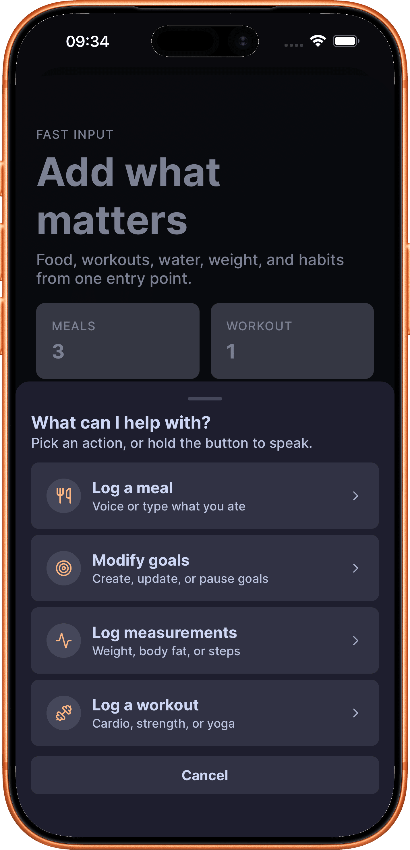 DailyGoal AI action menu with shortcuts for food, workouts, measurements, and goals.