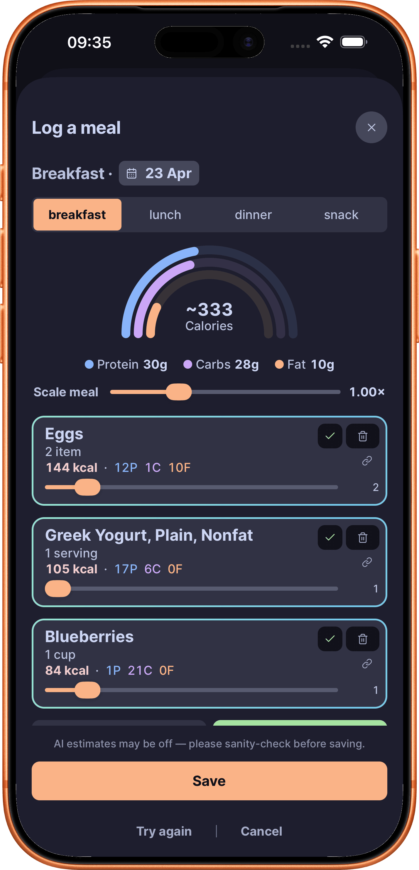 DailyGoal AI preview showing parsed breakfast items, macros, and save controls.