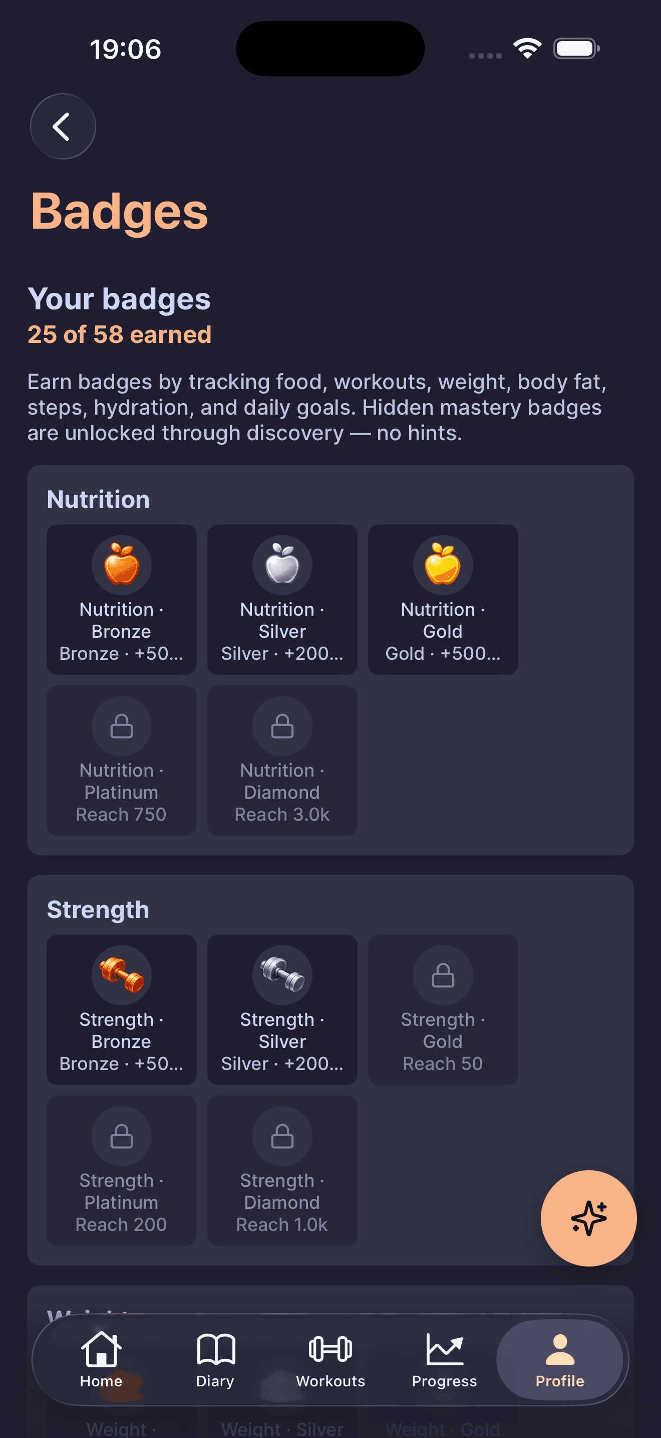 DailyGoal badge wall with mixed unlocked and locked tiers across ten categories.