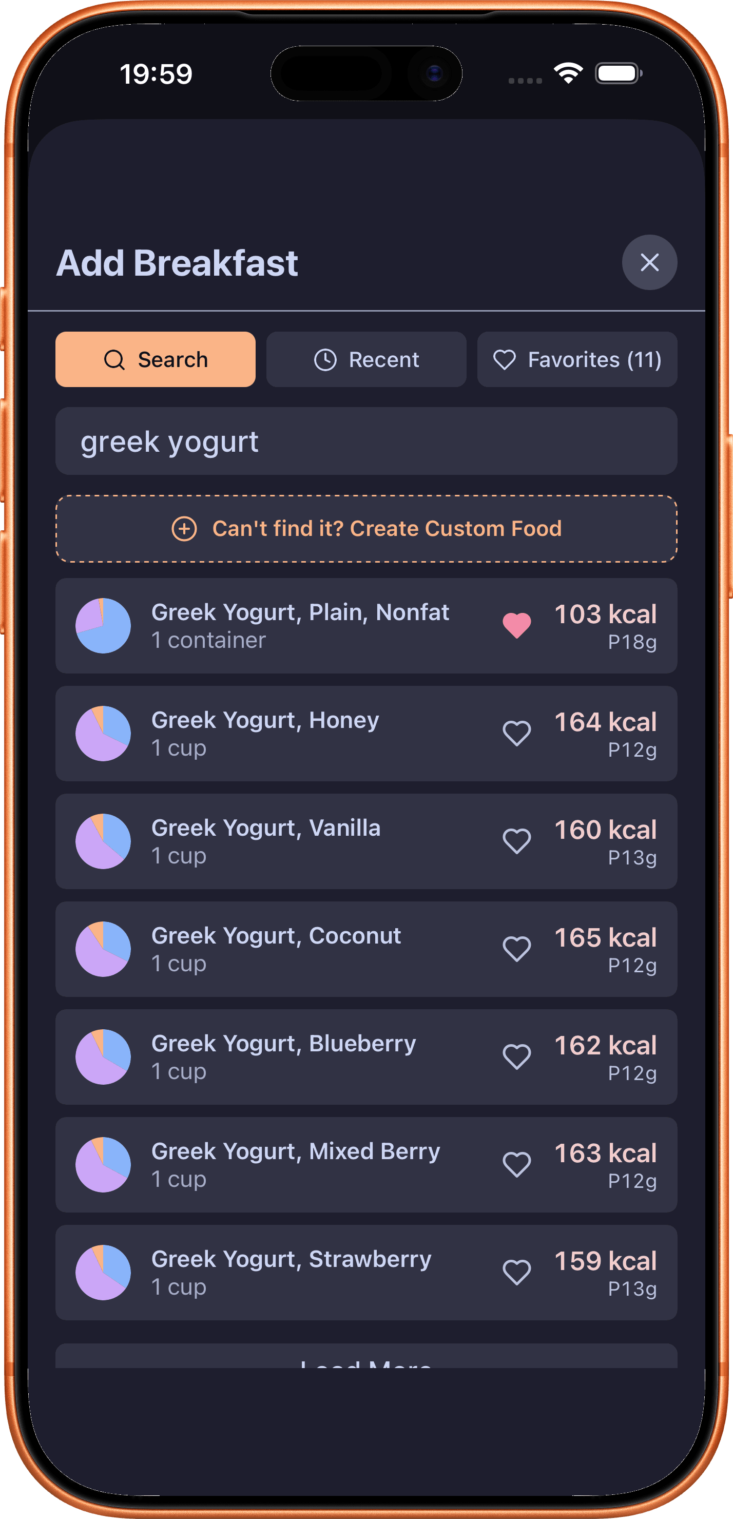 DailyGoal food search modal with macro-rich Greek yogurt results for breakfast.