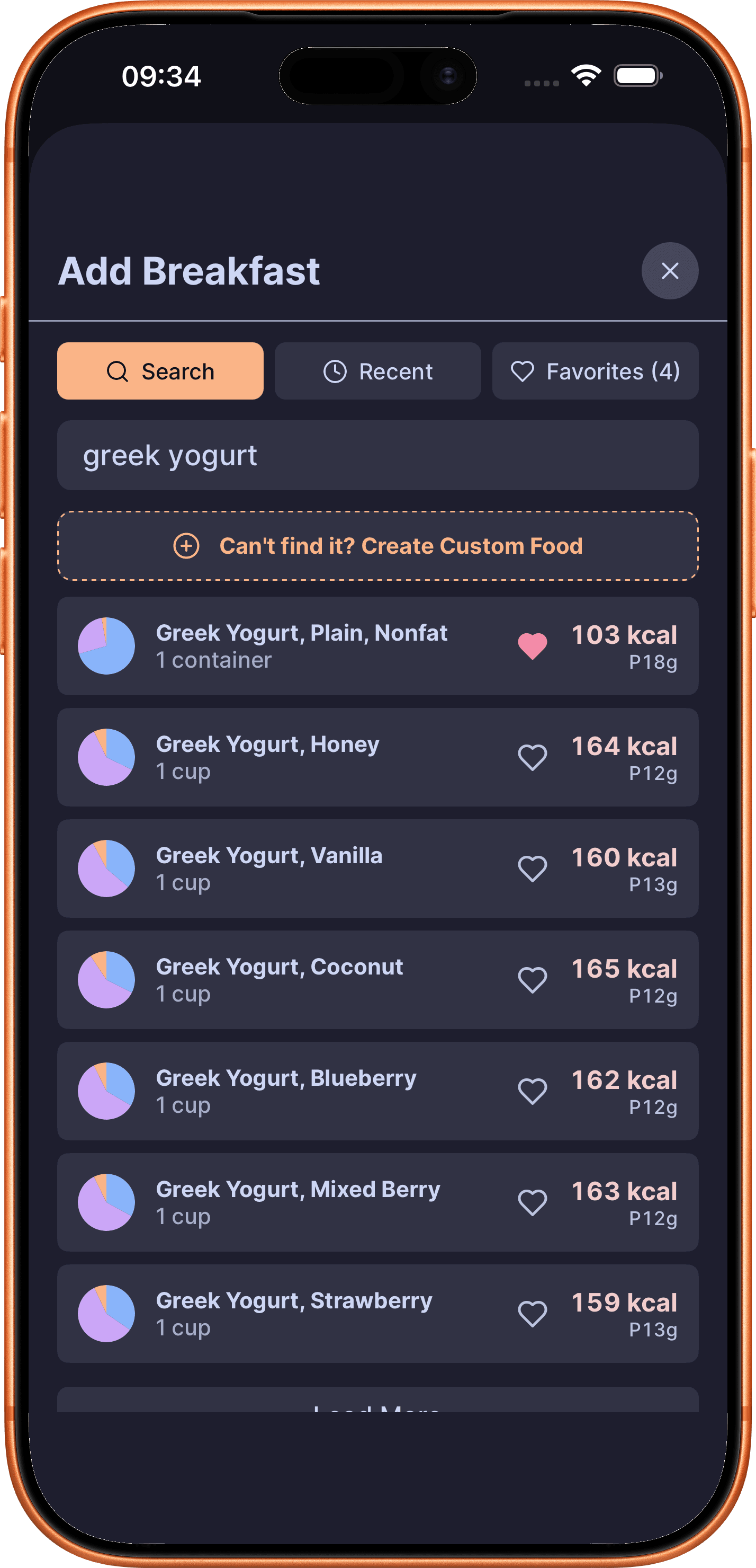 DailyGoal food search modal with macro-rich Greek yogurt results for breakfast.