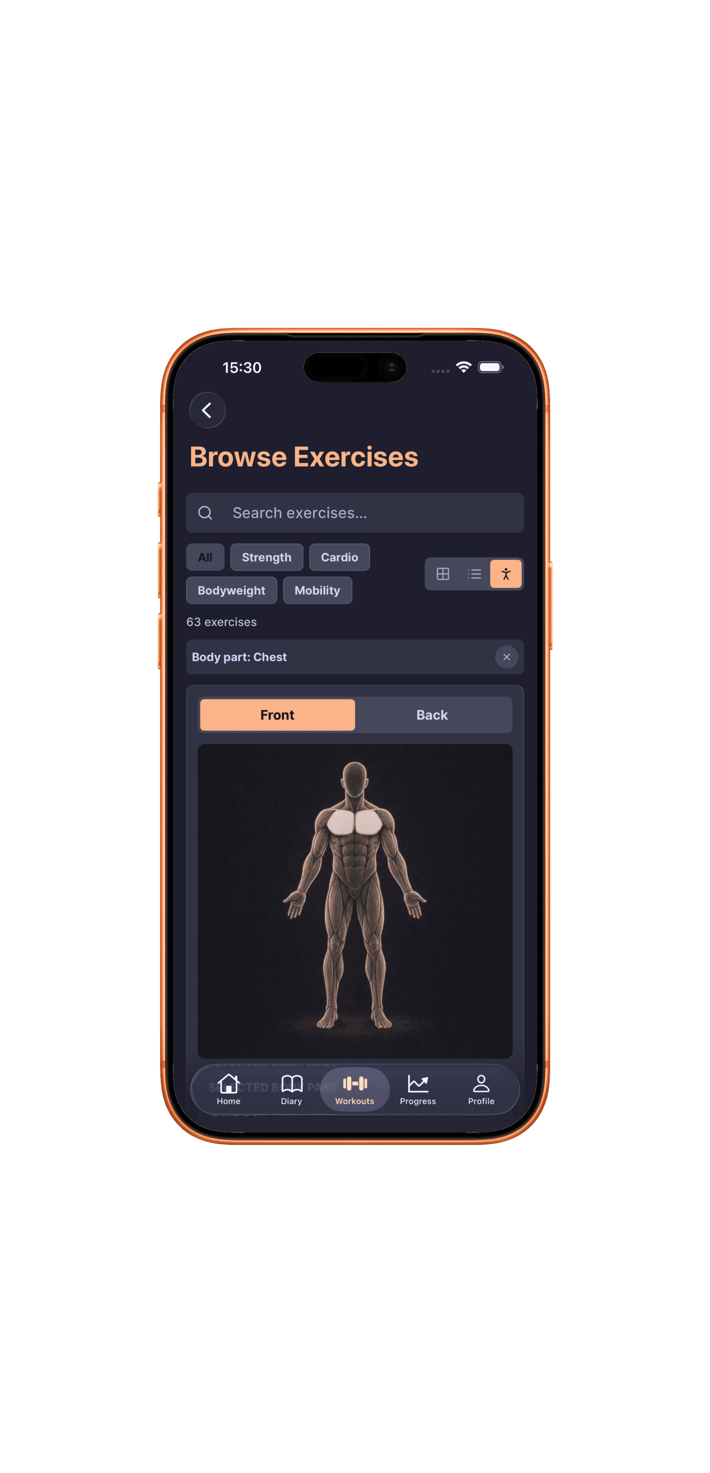 DailyGoal exercise library body map view with a selected body part used to filter exercises.