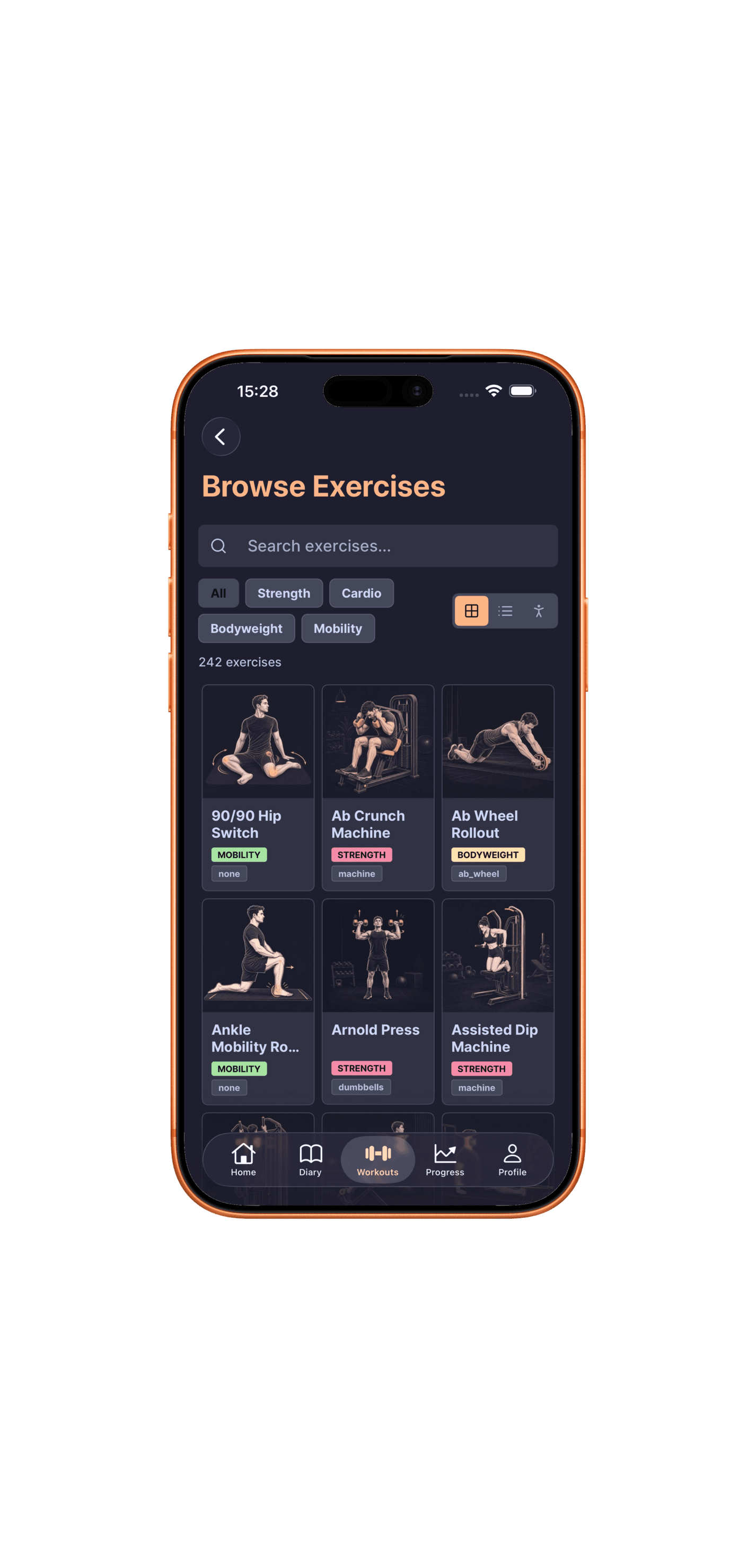 DailyGoal exercise library grid with image thumbnails, category filters, and equipment labels.