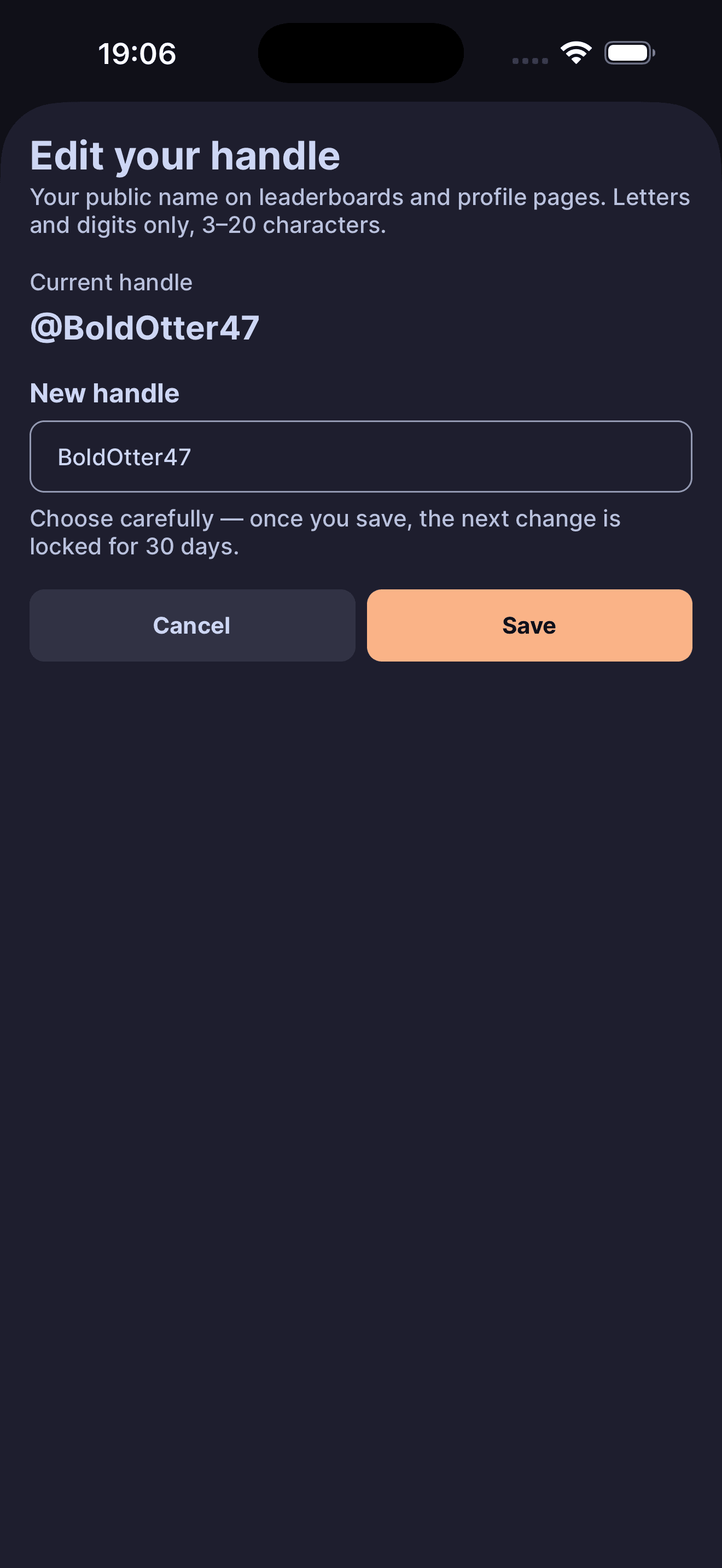 DailyGoal handle edit screen with the input field active and a candidate handle ready to save.
