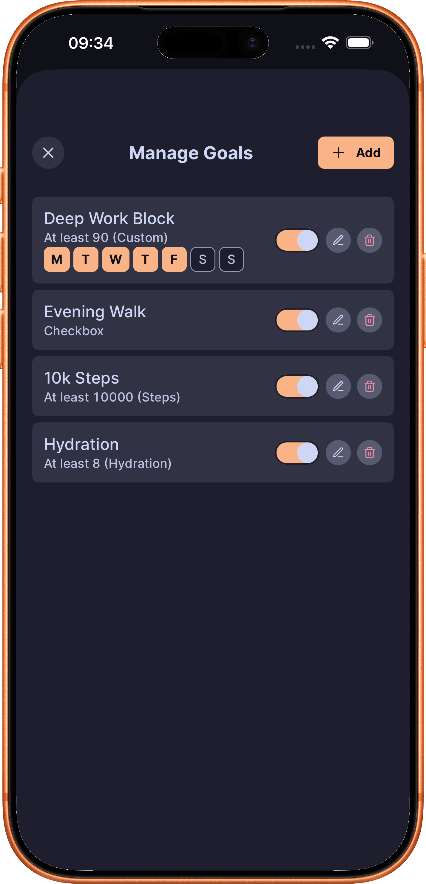 DailyGoal manage goals screen with custom habits and numeric targets.