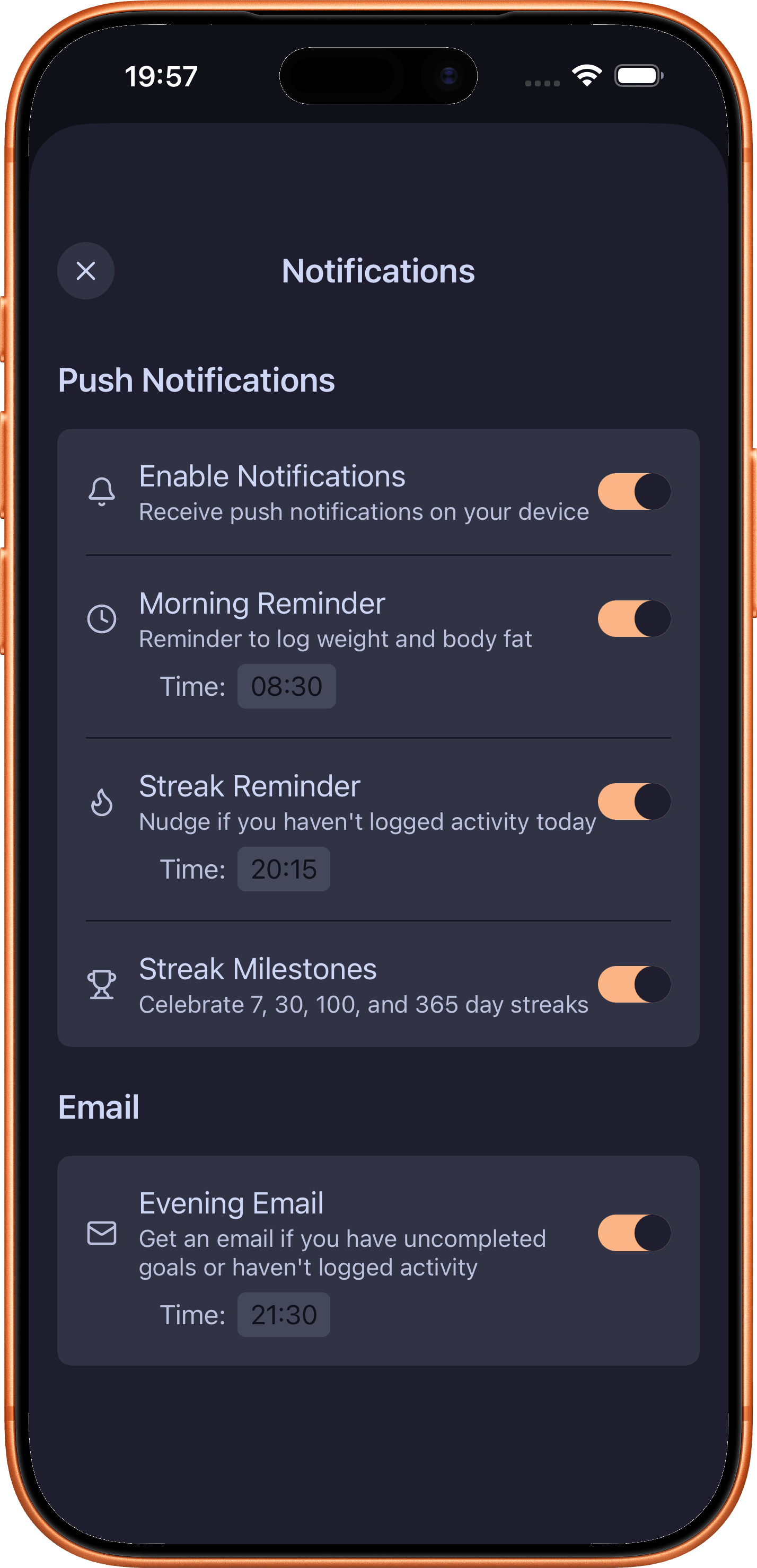 DailyGoal notification settings with morning, streak, and milestone reminders.