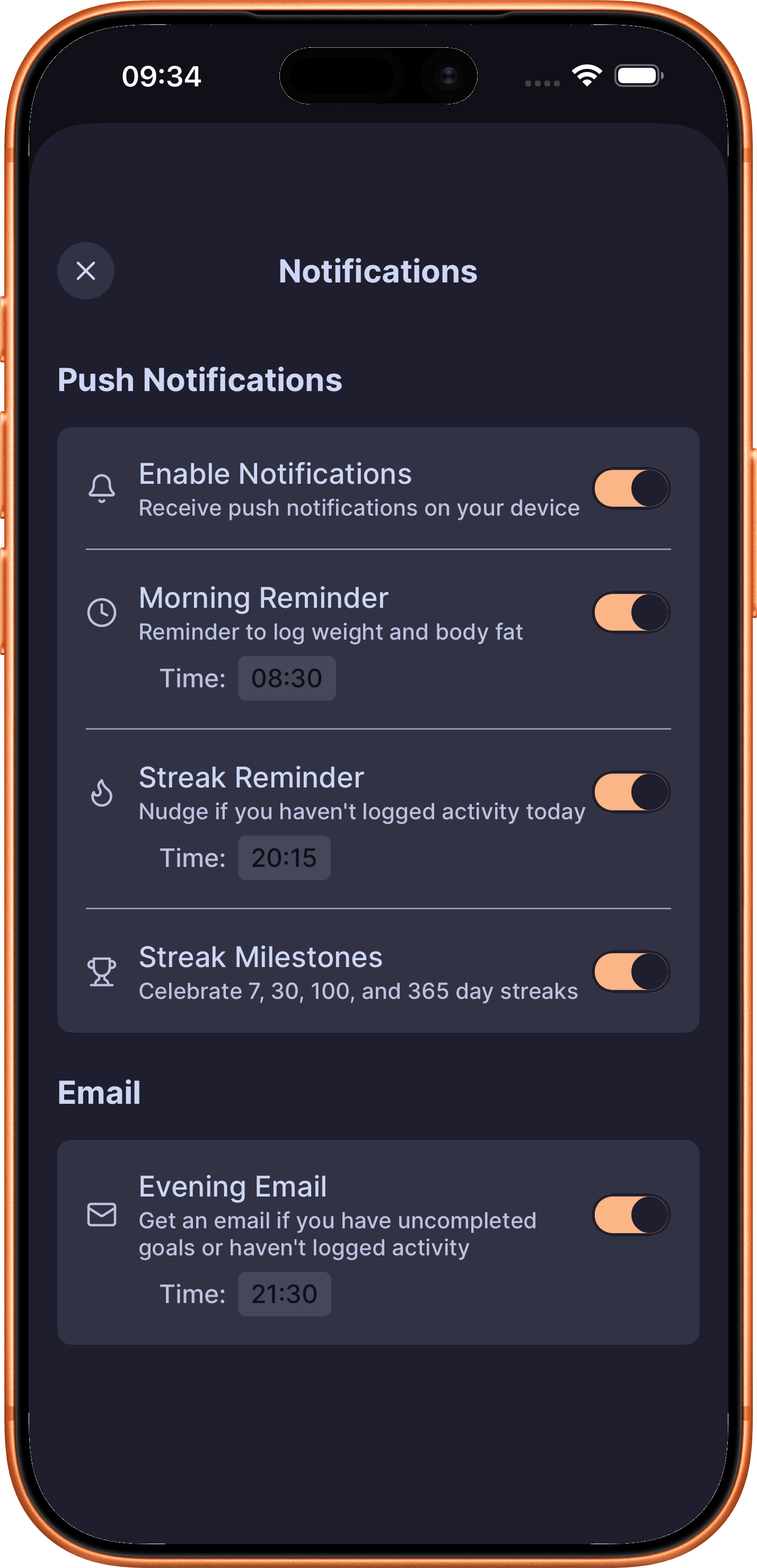 DailyGoal notification settings with morning, streak, and milestone reminders.