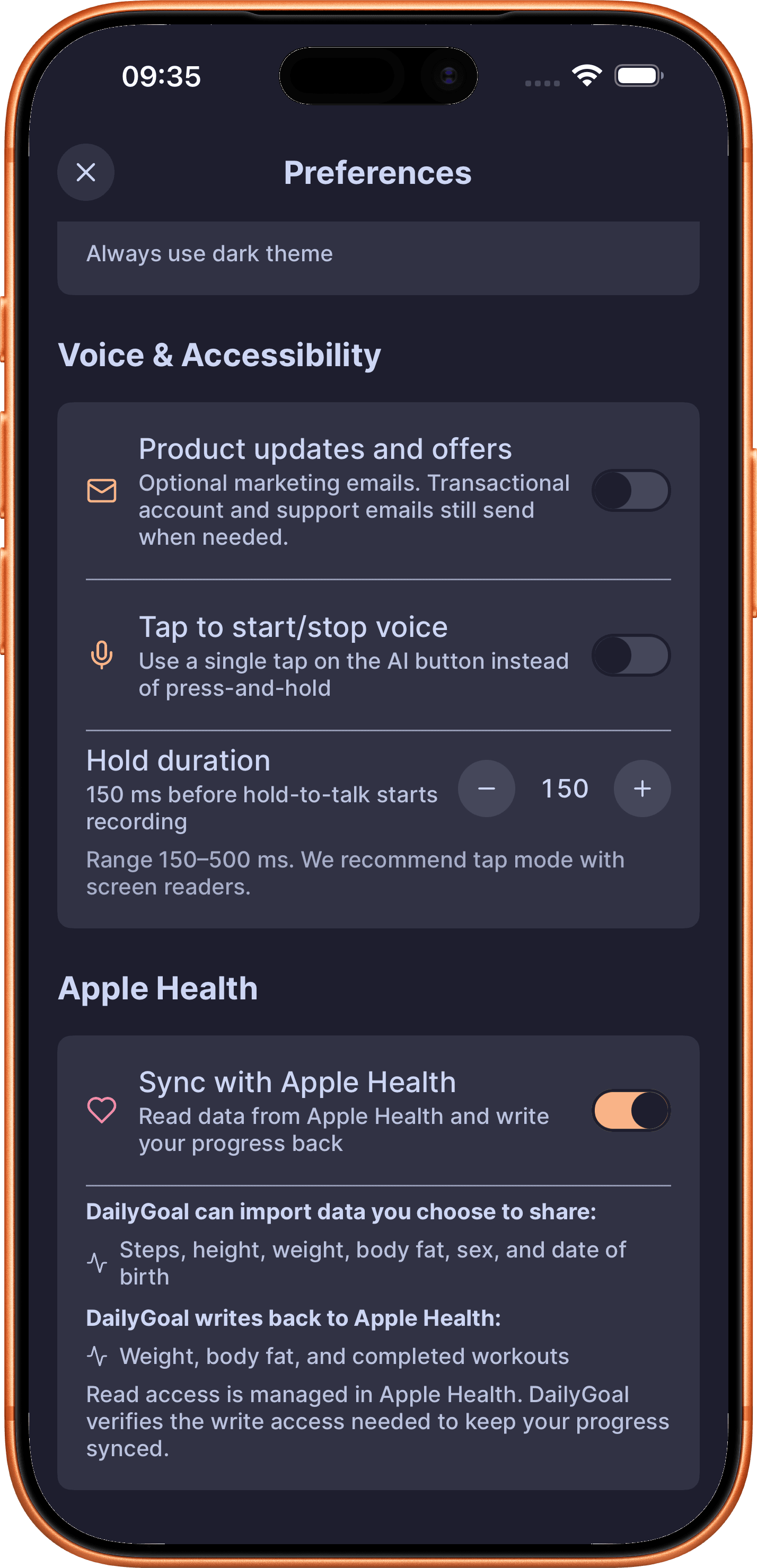 DailyGoal preferences screen with Apple Health sync controls.