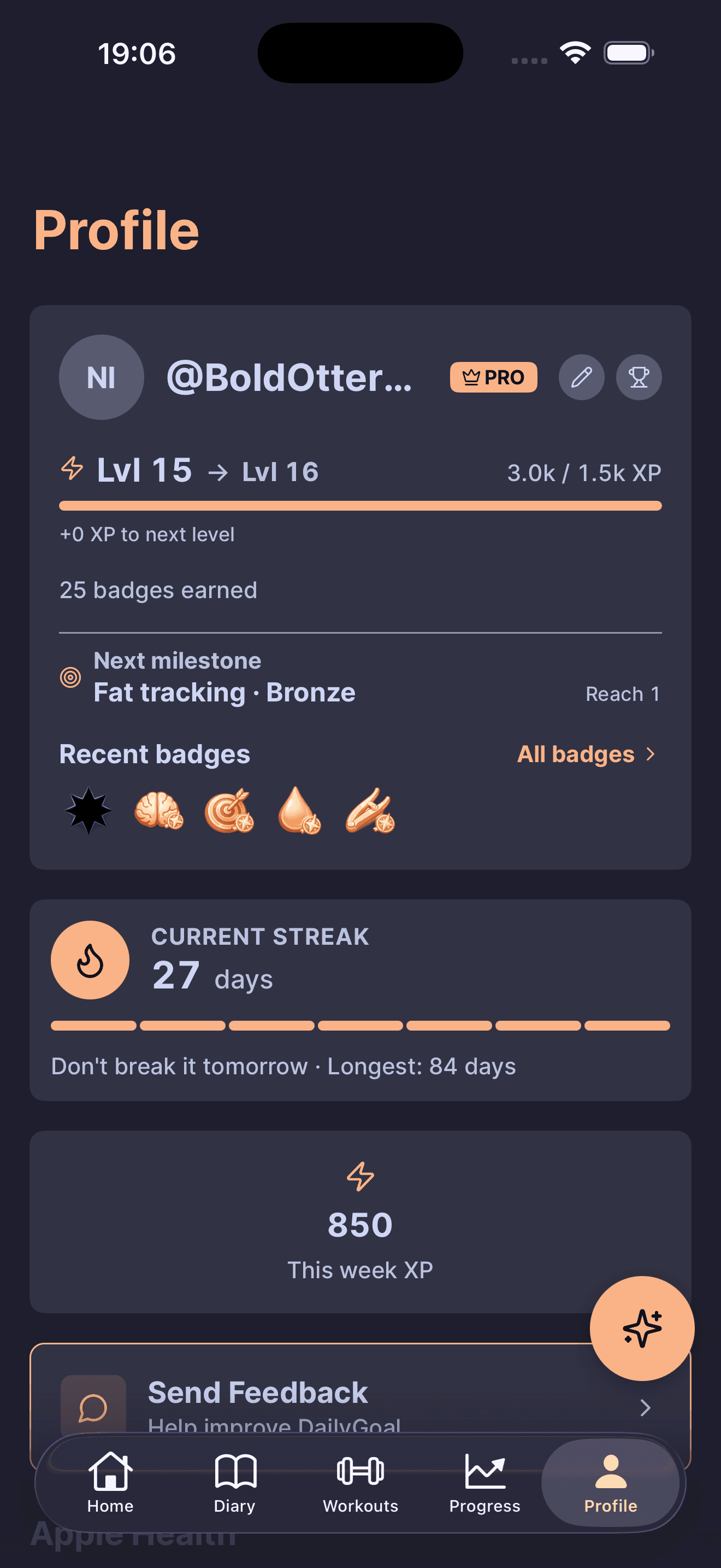 DailyGoal profile screen with seeded level, XP bar, badges, and tier title.