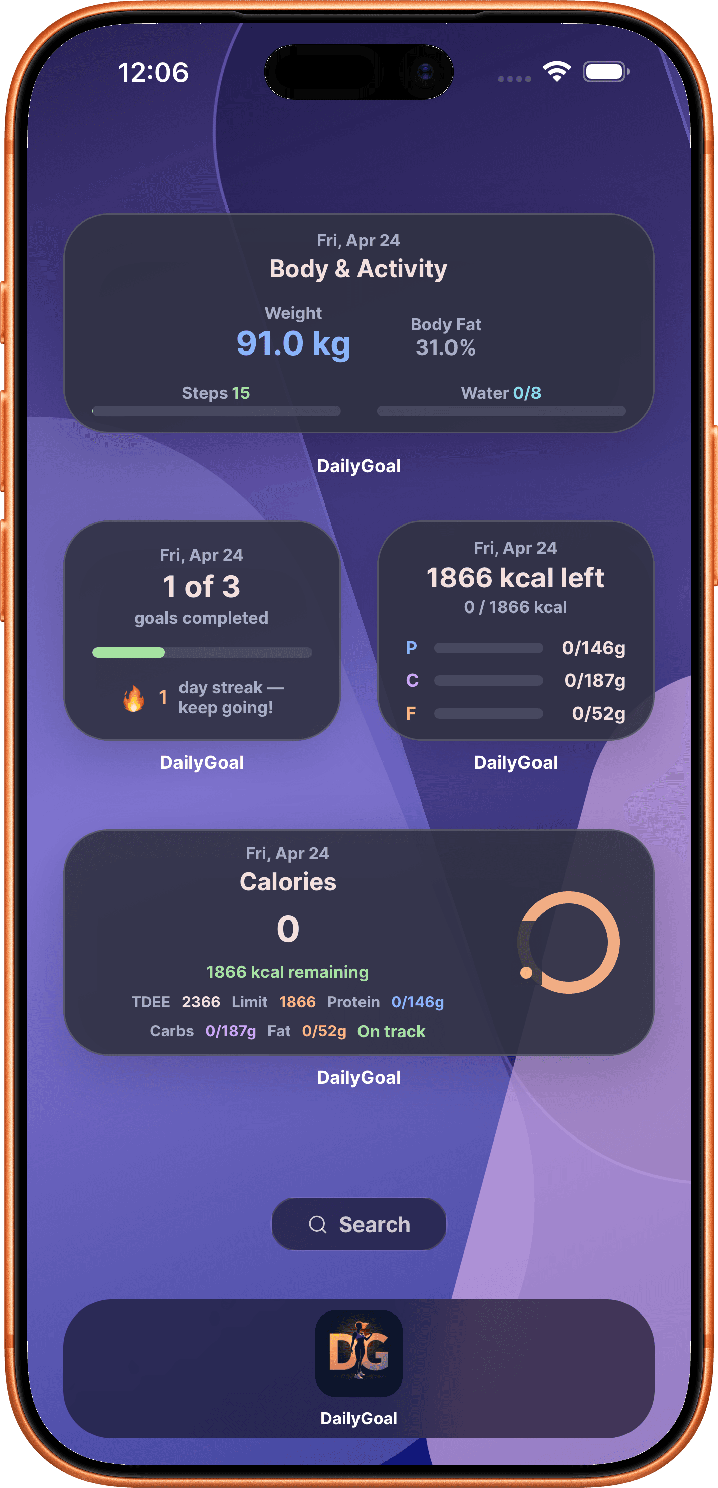 DailyGoal home screen widget preview with calories, goals, and body stats.