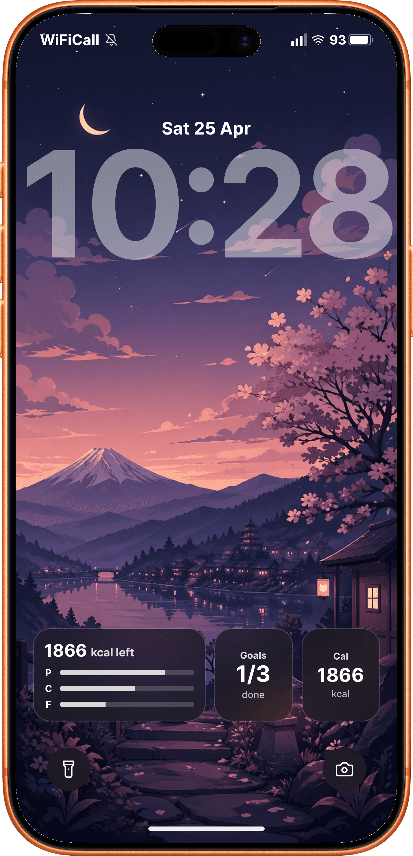 DailyGoal lock screen widget preview with macro, goal, and calorie widgets on a custom wallpaper.