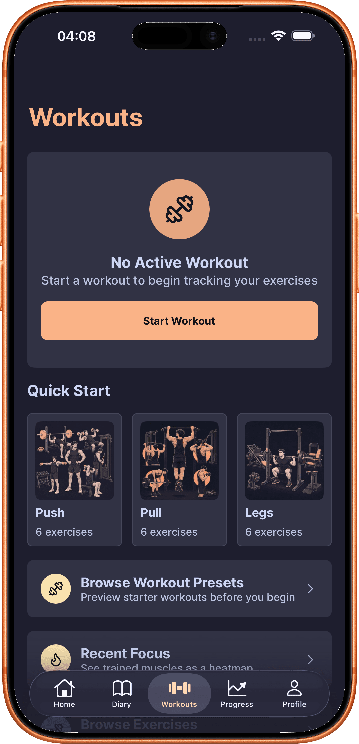 DailyGoal workout templates screen with visual preset cards and recent workout history.