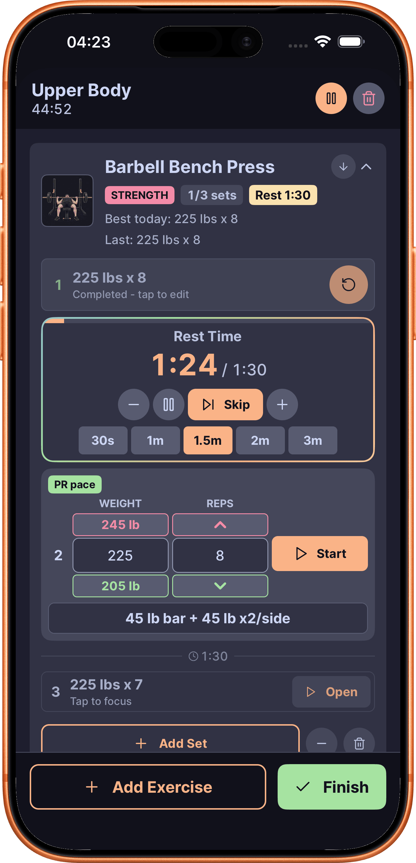 DailyGoal active workout screen with previous-set context and a running rest timer.