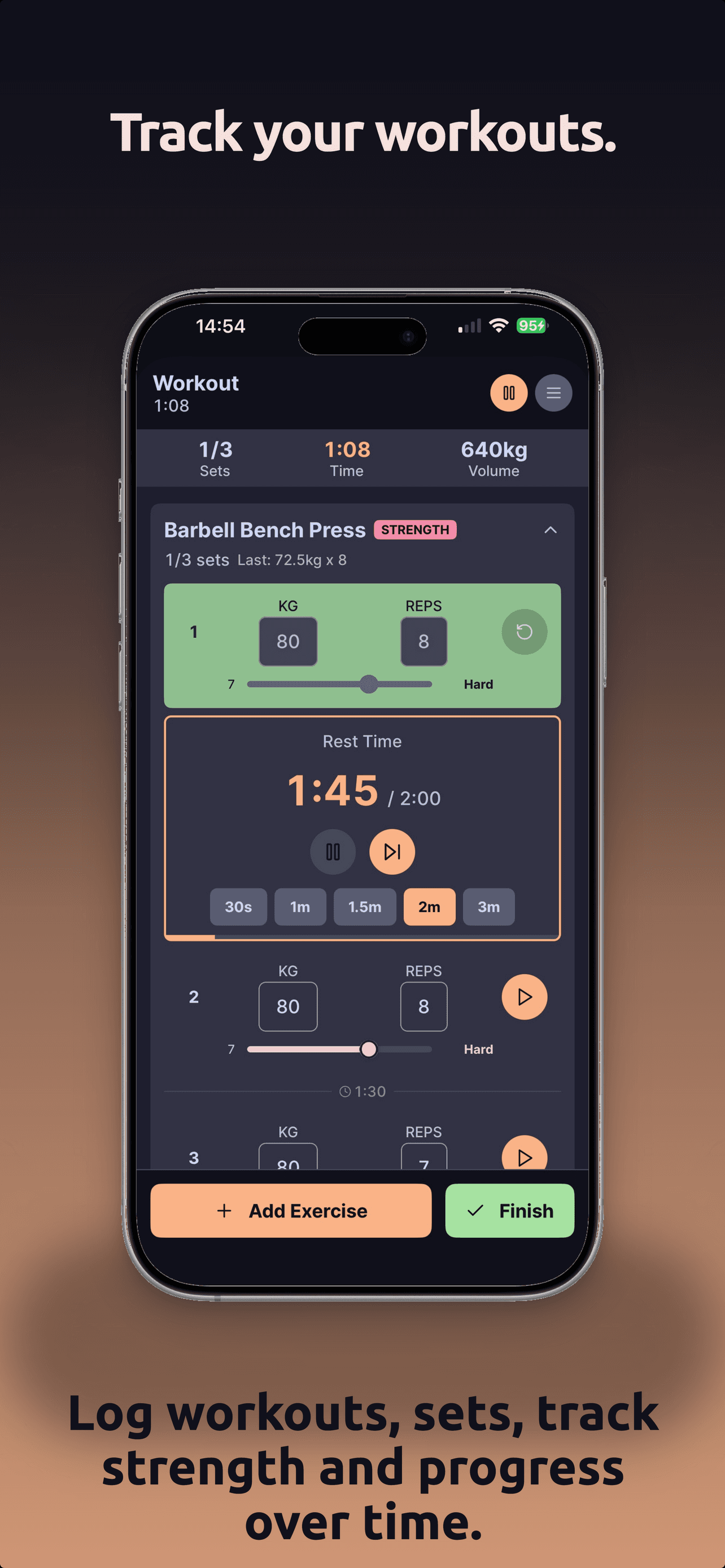 Active workout screen with exercises and sets