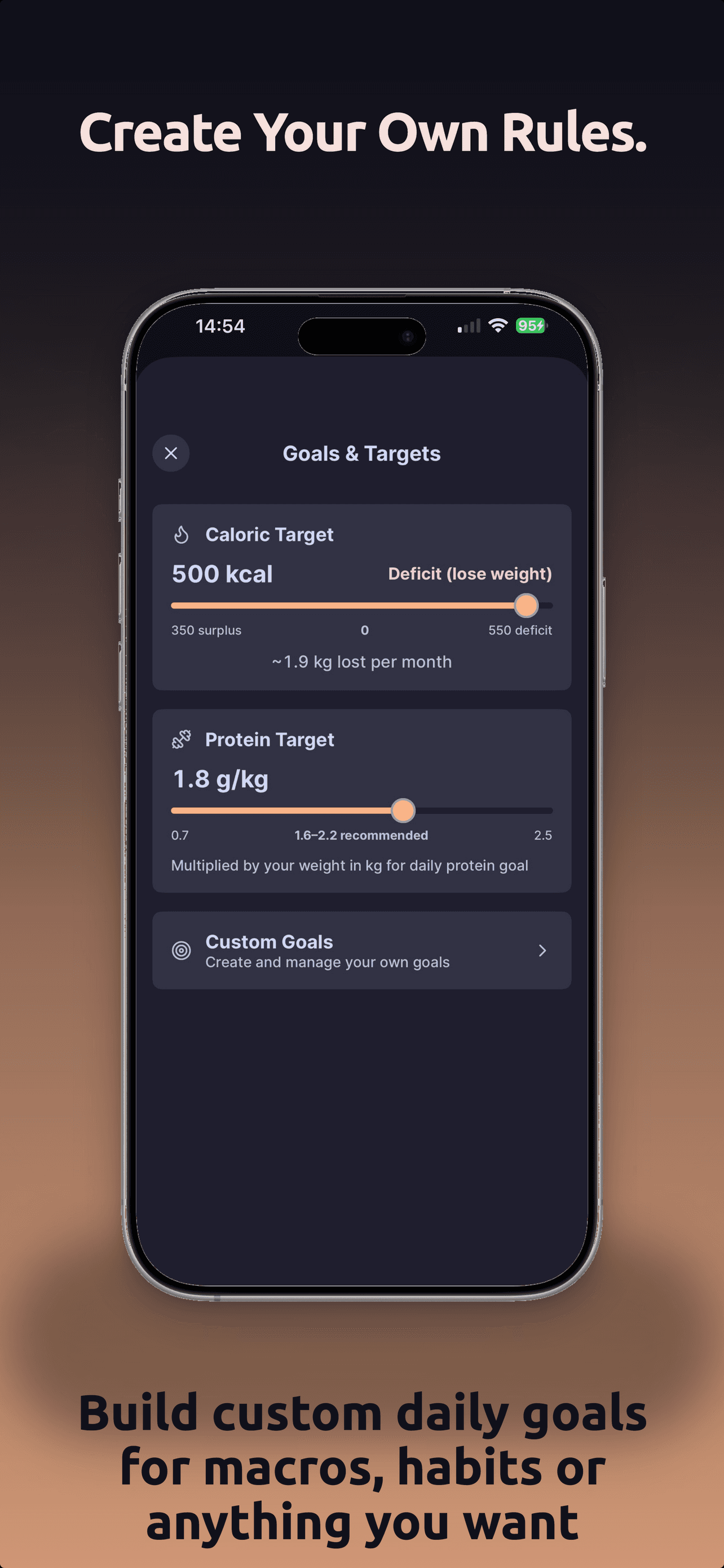 Daily goals list with checkboxes and numeric targets