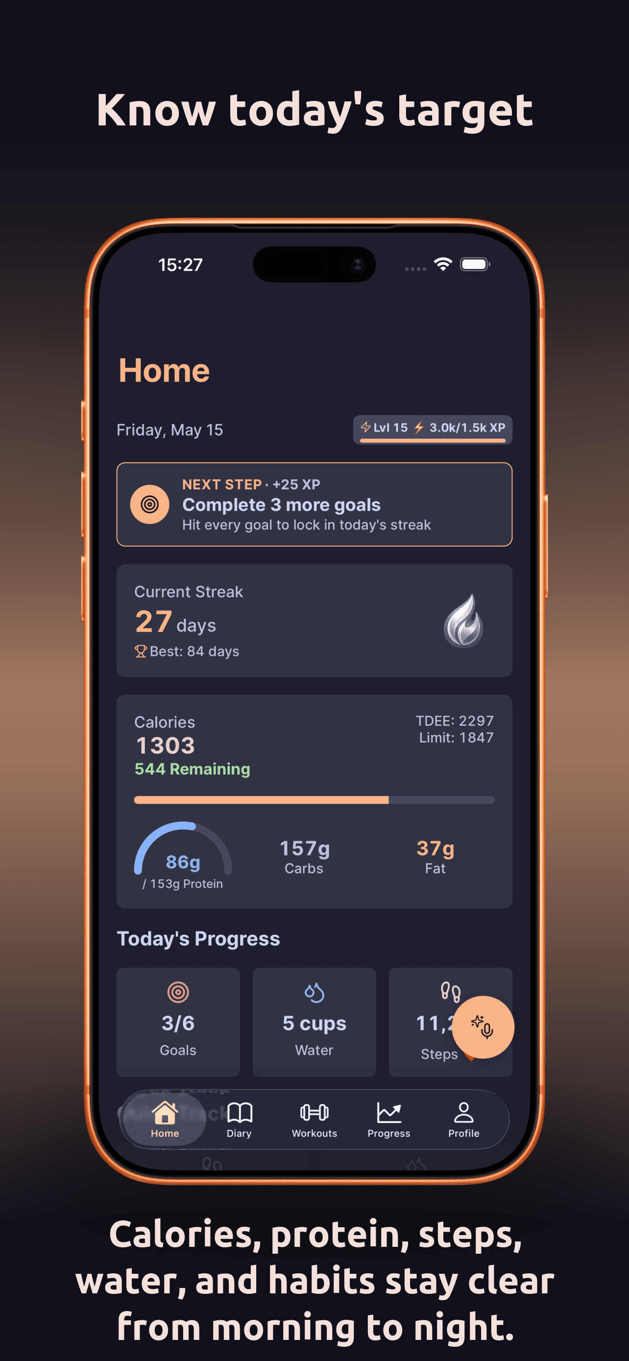 DailyGoal home App Store screenshot. Know today's target. Calories, protein, steps, water, and habits stay clear from morning to night.